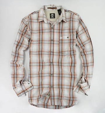 美國百分百【全新真品】Timberland 男 雅痞 橘白灰 格紋 休閒風 長袖 上衣 襯衫 S號 超取