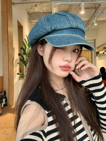 水洗做舊牛仔貝雷帽女2024春季新款復古藍色小帽檐八角帽報童帽