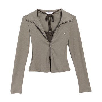 個性假兩件翻領拉鍊上衣