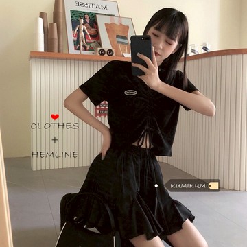 夏季黑色V領抽繩短款露臍寬松T恤女裝顯瘦修身短袖ins上衣潮