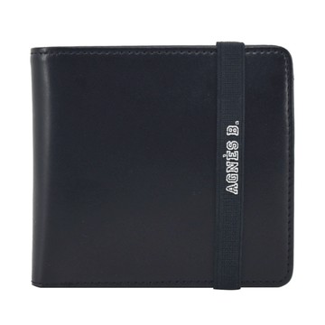 agnes b.LOGO束帶皮革短夾(内含零錢袋)-黑