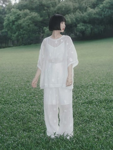 【限定款】滿版細胞圖案刺繡寬松抽繩苧麻松緊腰白色長褲