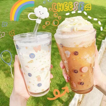 玻璃水杯 玻璃吸管杯 ins風 星空杯子水杯 吸管杯 可愛少女創意卡通流行 玻璃杯 果汁牛奶杯 情侶杯 環保咖啡杯隨手杯
