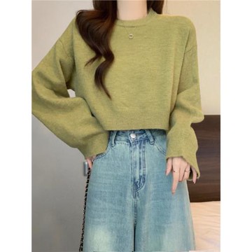 短款套頭毛衣女春秋2026新款小個子寬松顯瘦外穿內搭圓領針織上衣