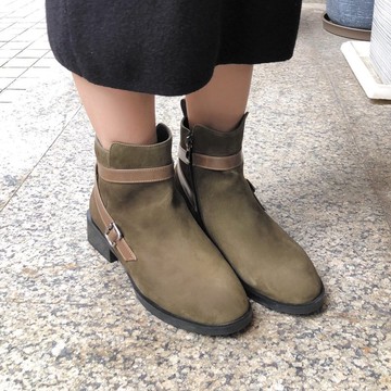 【優雅冬日】防水全真皮繫帶造型顯瘦跟靴_森林墨綠