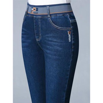 松緊腰媽媽牛仔褲女春秋2025新款中年女士小個人藍色直筒高腰褲子