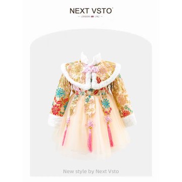 赫柏莉HERBERLY女童龍年拜年服冬季新年小女孩中式唐裝漢服連衣裙