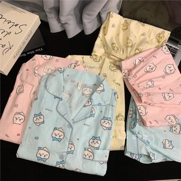 卡通純棉紗睡衣女夏天短袖薄款可愛吉伊小八烏薩奇學生套裝家居服