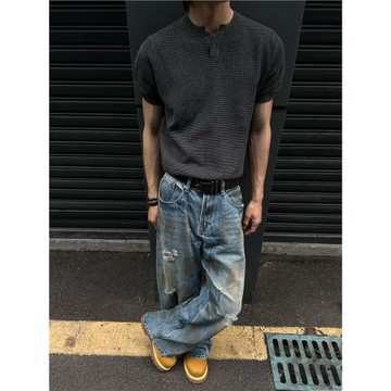 MASONSOUL 美式亨利領短袖T恤老錢風美學硬漢休閑華夫格紐扣上衣