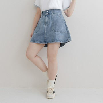 【PolyLulu】 即刻收腰A字牛仔短裙(附褲) 中大尺碼裙子