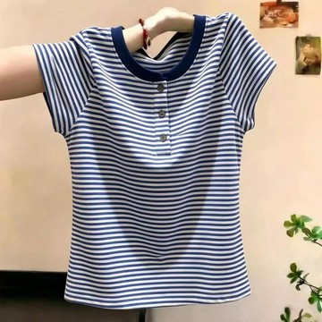 韓系撞色條紋短袖T恤女夏季新款休閑風圓領百搭顯瘦上衣