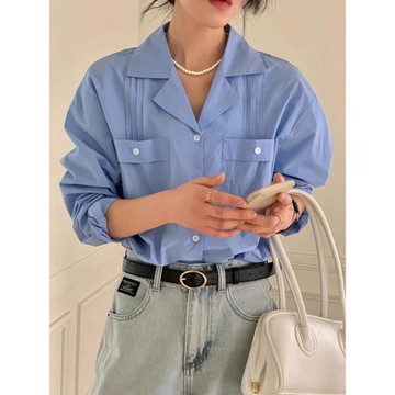 韓國chic春季氣質百搭西裝領系扣壓褶設計口袋寬松休閑長袖襯衫女