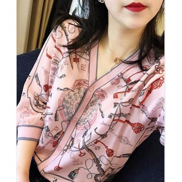 歐洲站氣質V領單排扣開衫上衣女夏季復古印花短袖外搭防曬小外套