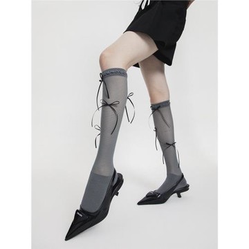 春夏細絲帶蝴蝶結網眼薄紗花邊小腿襪甜酷少女長筒襪子ins