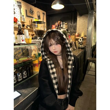 【美式復古黑白格】拼接連帽衛衣 女 春秋 設計感 寬鬆 開衫 短款 外套 黑白格子 美式 復古 連帽 衛衣 女裝 個性