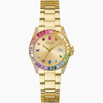 GUESS手錶，編號GC00005，34mm金色圓形精鋼錶殼，金色中三針顯示， 彩虹鋼琴鑽圈錶面，金色精鋼錶帶款_廠商直送