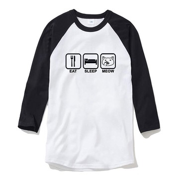 Eat Sleep Meow 中性七分袖T恤 白黑色 吃睡喵貓咪Cat