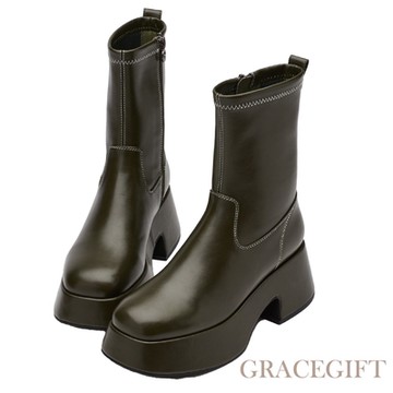 【Grace Gift】紀卜心聯名-全糖歐膩線條感厚底襪靴 墨綠