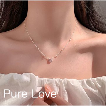 Pure Love樂芙 / 正韓 銀飾【S925純銀】N0611簡約通體純銀項鍊粉色愛心珍珠鎖骨鏈 短項鏈 / 銀