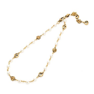 【GUCCI 古馳】Interlocking花朵珍珠綴飾項鍊(金)