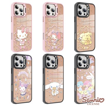 三麗鷗 iPhone 16/15/14/13系列 軍規防摔合金框隱形立架鏡面彩鑽手機殼-多圖可選