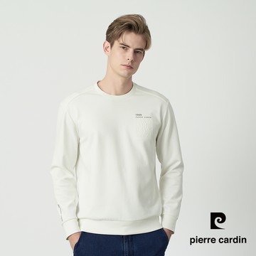 【pierre cardin 皮爾卡登】男款 素色圓領束下擺長袖休閒衫-米白色 (5255291-91)