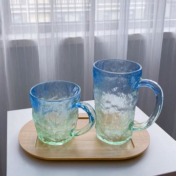 帶把手冰川紋玻璃杯ins風磨砂漸變色喝水杯子女高顏值果汁咖啡杯
