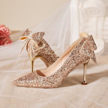 小眾氣質名媛高級感高跟鞋女蝴蝶結水晶主婚鞋禾秀婚紗兩穿新娘鞋