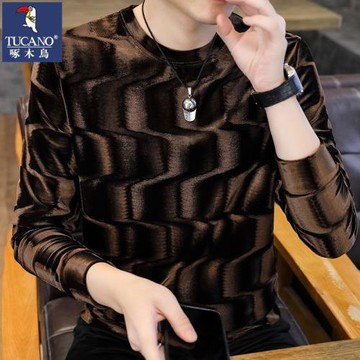 啄木鳥高端男士金絲絨衛衣秋冬水波紋圓領大碼長袖t恤加厚上衣服