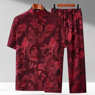 【巴黎精品】現貨+預購 新中式唐裝套裝中國風襯衫短袖冰絲上衣長褲休閒男裝-大龍男裝7色a1kr54