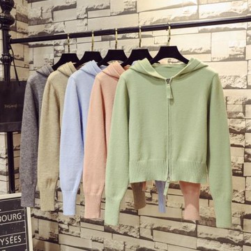 春裝新款雙拉鏈設計感寬松針織開衫女短款外搭顯瘦連帽毛衣外套