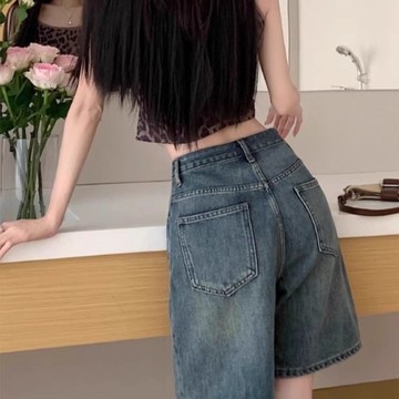 【S-3XL牛仔褲短褲女】復古水洗直筒牛仔短褲女高腰顯瘦寬松做舊中褲夏季薄款闊腿五分褲 NZ427
