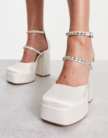 London Rebel mega platform embellished heeled shoes in ivory satin-White