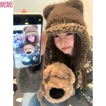 【臺灣熱銷】毛毛帽子減齡流蘇辮子針織小貓耳朵秋冬季女保暖大頭加厚毛絨小熊