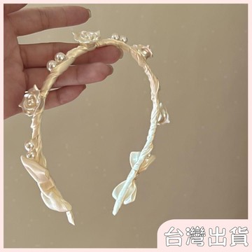 ✨臺灣出貨✨【飾飾如意】新款奶油玫瑰 法式復古山茶花朵蝴蝶結珍珠髮箍 感仙氣質小衆頭箍