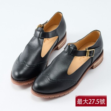 【大尺碼女鞋】真皮雕花瑪莉珍(英倫學院/最大27.5號)-水墨黑