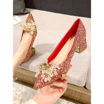 紅色婚鞋女婚紗秀禾兩穿新娘鞋2025年秋季新款法式高跟鞋粗跟單鞋