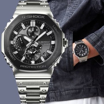 CASIO 卡西歐 G-SHOCK 全金屬八角太陽能藍芽計時錶 手錶 新年開運 送禮推薦-銀x黑 GMC-B2100BT-1A