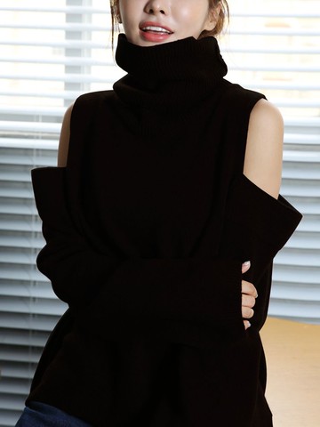 慵懶風堆堆高領漏露肩中長款長袖顯瘦寬松毛衣女外穿針織衫上衣