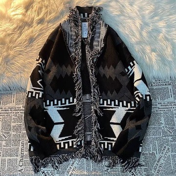 美式復古流蘇針織開衫外套男秋冬季潮牌寬松慵懶休閑V領跨境毛衣鑫弘-衣錦男裝