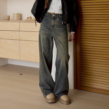 LALLO-刷色水洗牛仔長褲