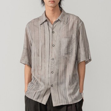 【青石】復古斑駁感條紋滿印襯衫/印花輕薄休閒短袖