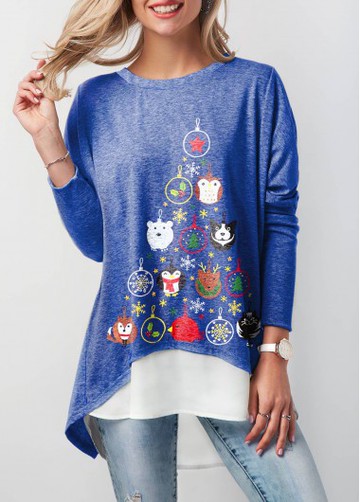 Animal Print Blue Button Back Christmas T Shirt