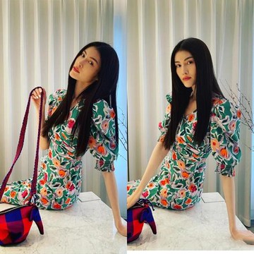 何穗同款碎花2025新款泡泡袖修身長款裙子雪紡印花韓風chic連衣裙