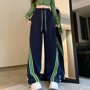 三條杠美式闊腿運動褲女春秋新款寬松大碼胖MM百搭嘻哈舞蹈服長褲