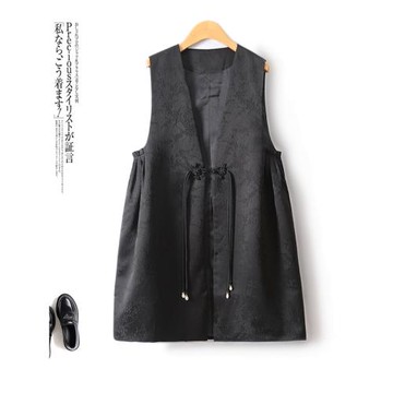 中式盤扣中長馬甲 提花V領無袖裙擺起皺高級感國風馬夾外套潮春秋