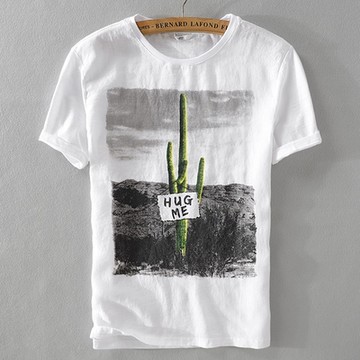 [米蘭精品] 亞麻T恤棉麻短袖上衣-潮流印花圓領棉麻男裝父親節禮物73xf43