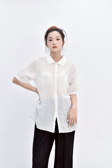 (M) uniqlo棉質純棉透膚短袖白色襯衫上衣