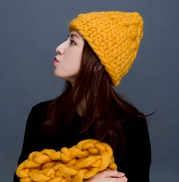 【盲藤手作-山】粗線100%純羊毛編織帽/薑黃