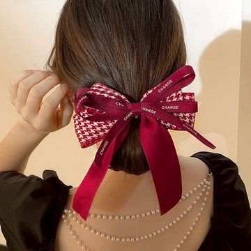 超仙氣小香風紅色大腸發圈千鳥格蝴蝶結頭繩女發繩高級感頭飾發飾